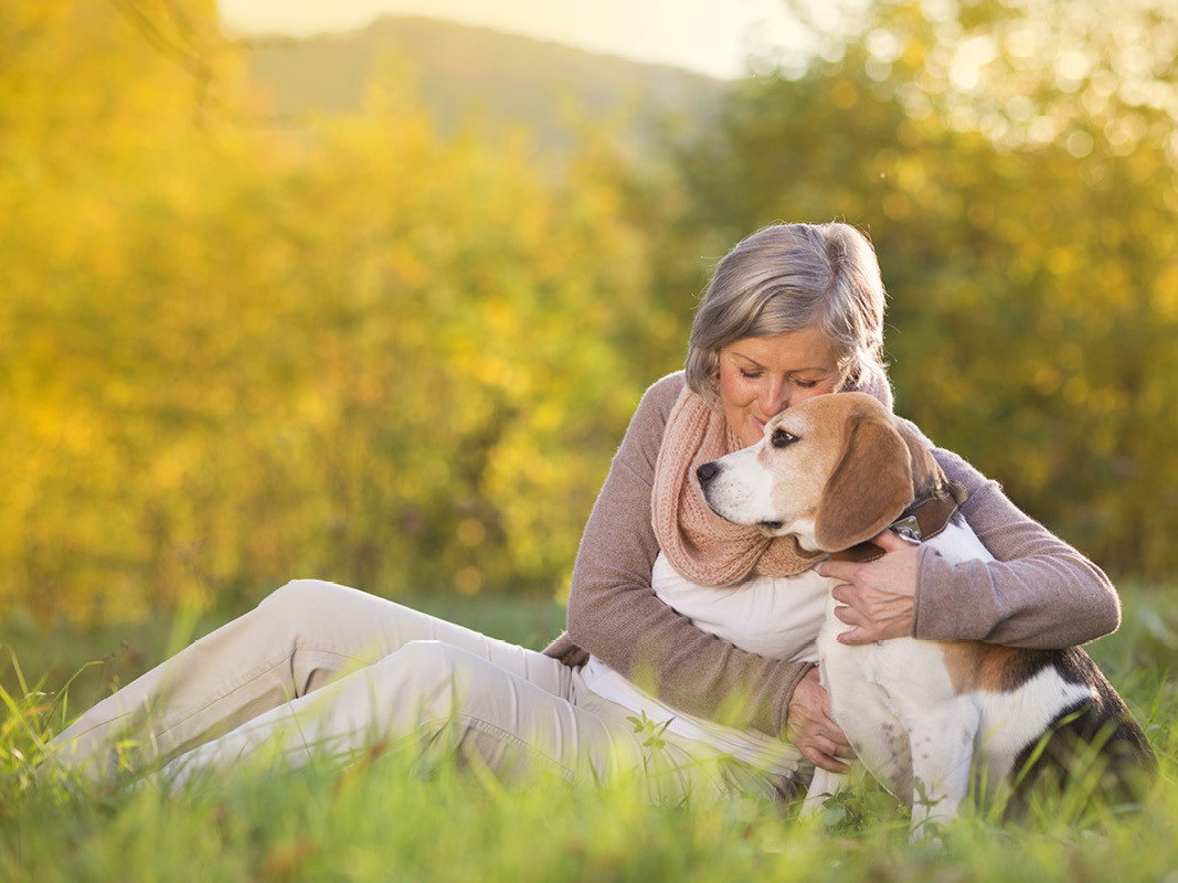 Une dame enlace son chien